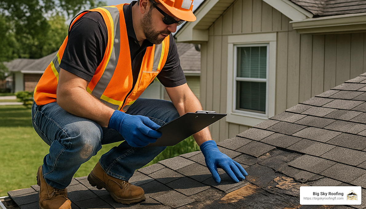 Roofing contractor inspecting damaged roof