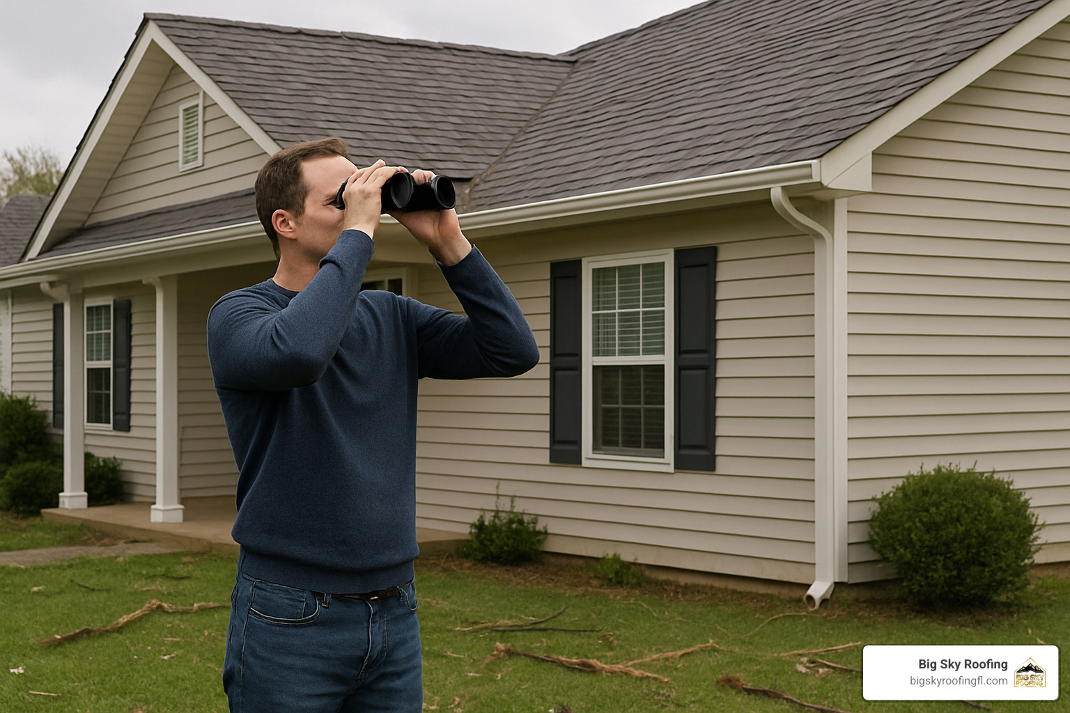 Homeowner using binoculars