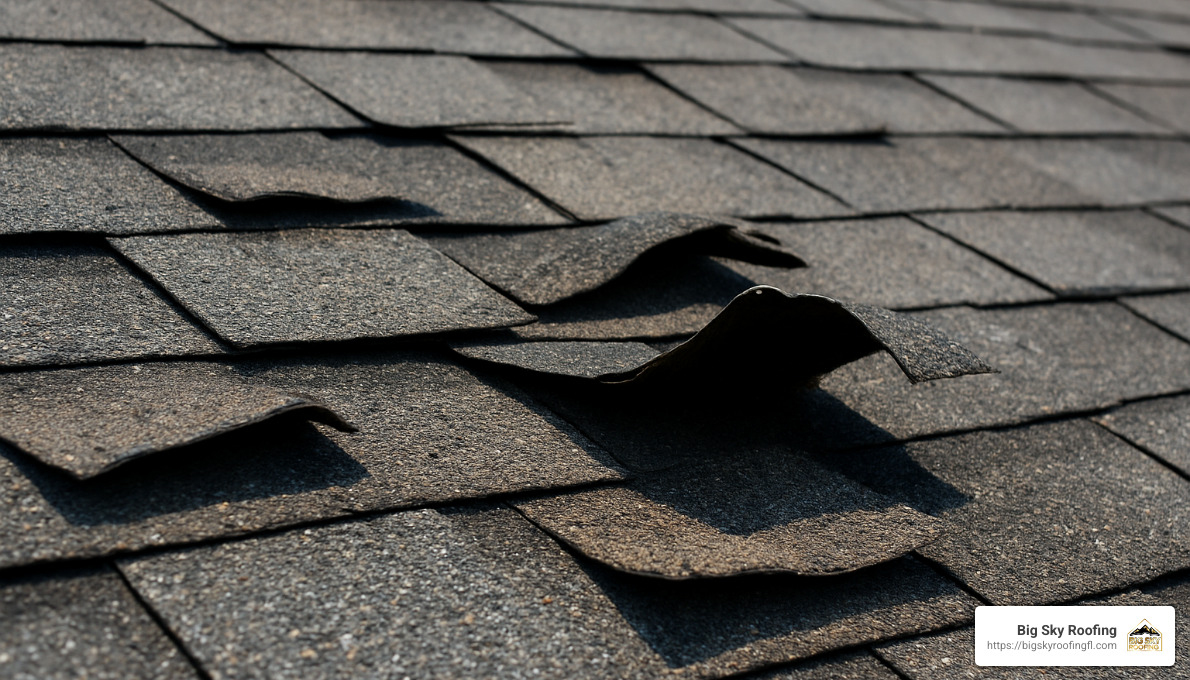 curled and lifted shingles on a roof after wind damage