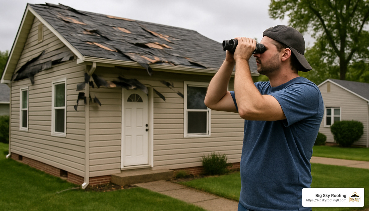 homeowner using binoculars to safely inspect roof from the ground - wind damage roof restoration