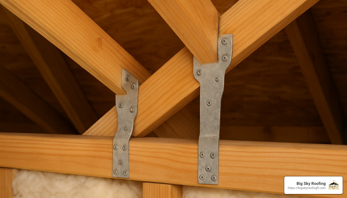 hurricane straps installed in attic to reinforce roof against wind damage