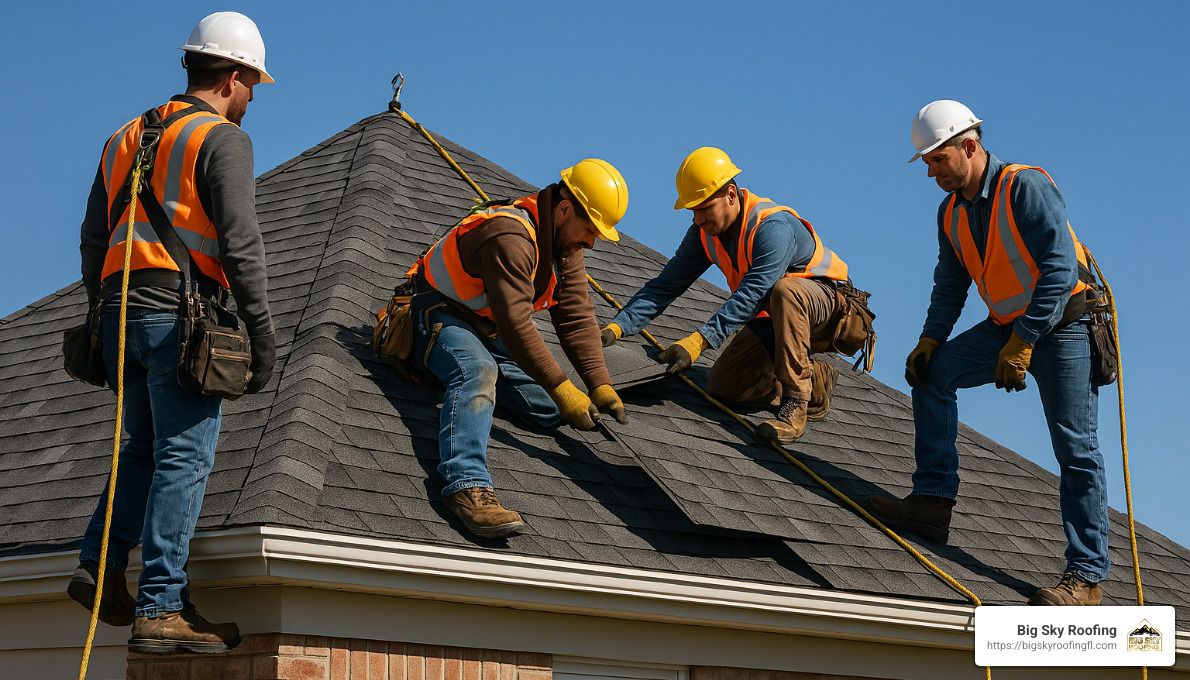 Professional roofers installing new shingles