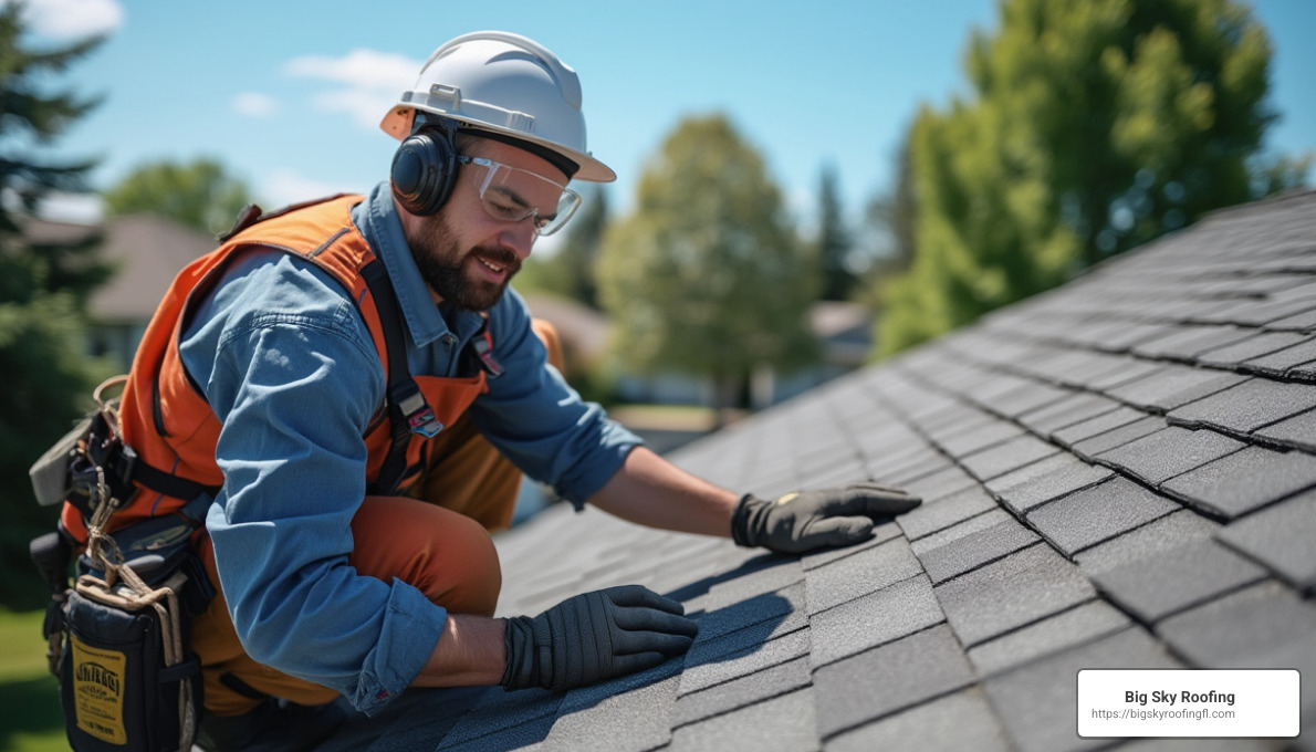 Professional roofer inspecting a roof