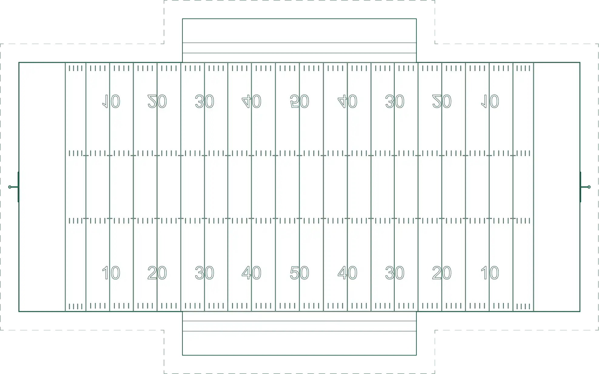 American football field layout with standard yard markings, end zones, and dimensions. Suitable for sports complexes, schools, and stadium projects.