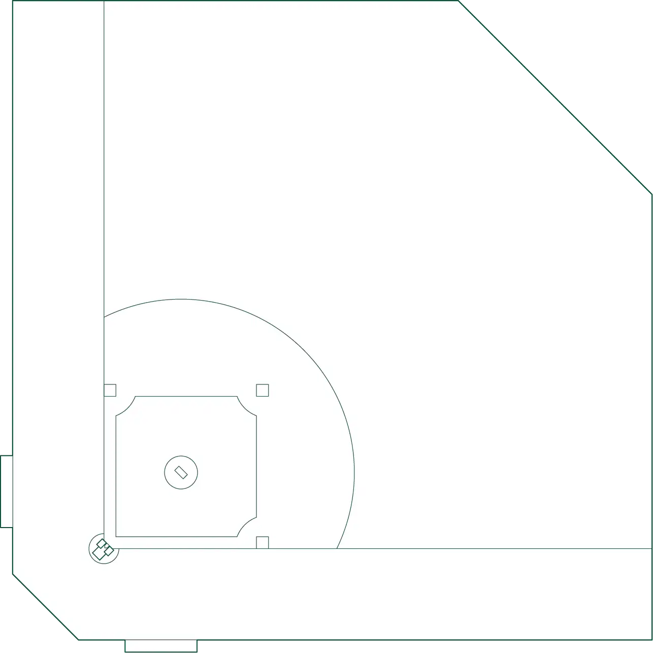 Baseball field layout with standard diamond, infield, and outfield dimensions. Perfect for sports precincts, parks, and school facilities.