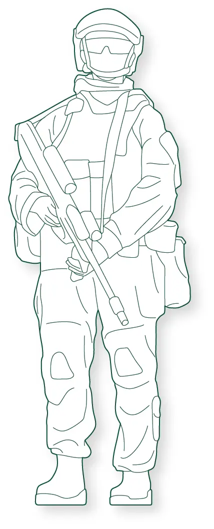 Female soldier CAD figure for architectural plans, sections, and elevations. Ideal for military facilities, training grounds, barracks, civic spaces, and outdoor environments.