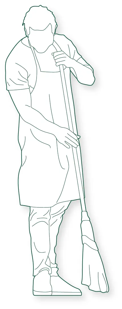 Male janitor CAD figure for architectural plans, sections, and elevations. Ideal for offices, schools, hospitals, commercial buildings, public facilities, and service areas.