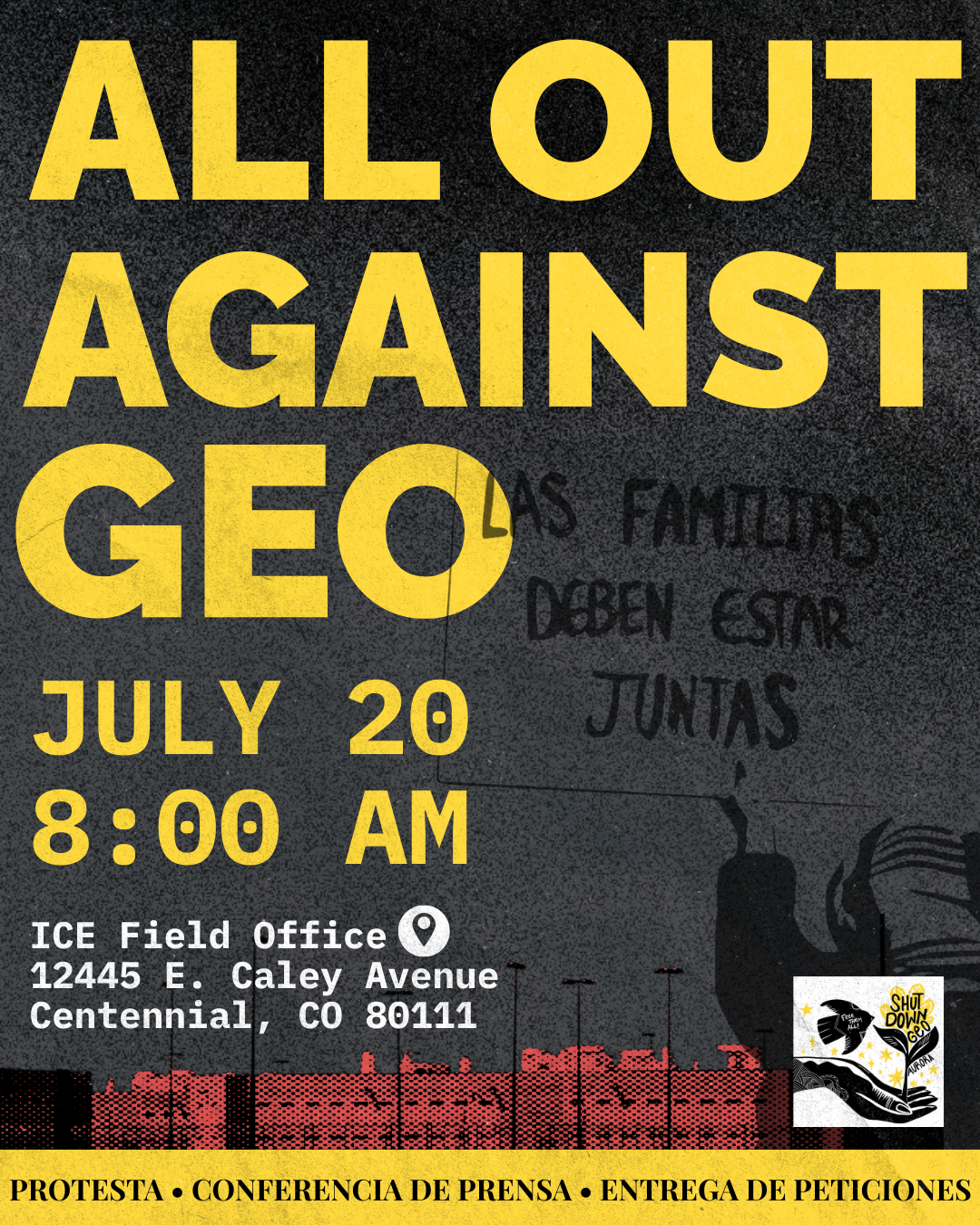 A flier with yellow words that says in English "All out against GEO" with graffiti on a wall.