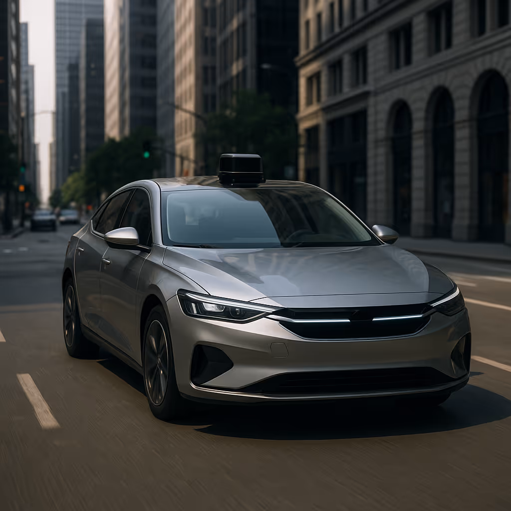 Silver self-driving car driving on city street with tall buildings.
