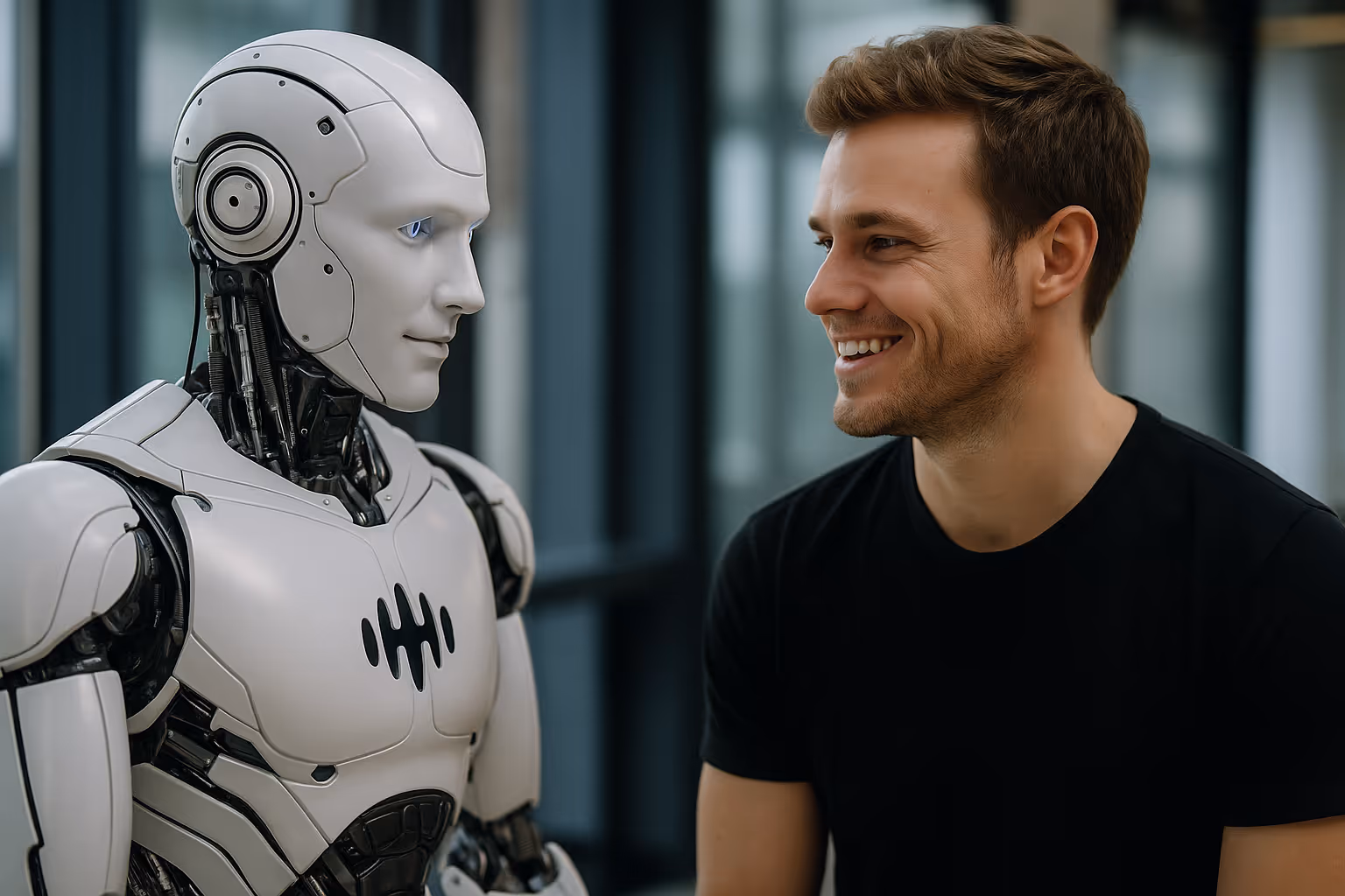 Man smiling at a humanoid robot with blue eyes.