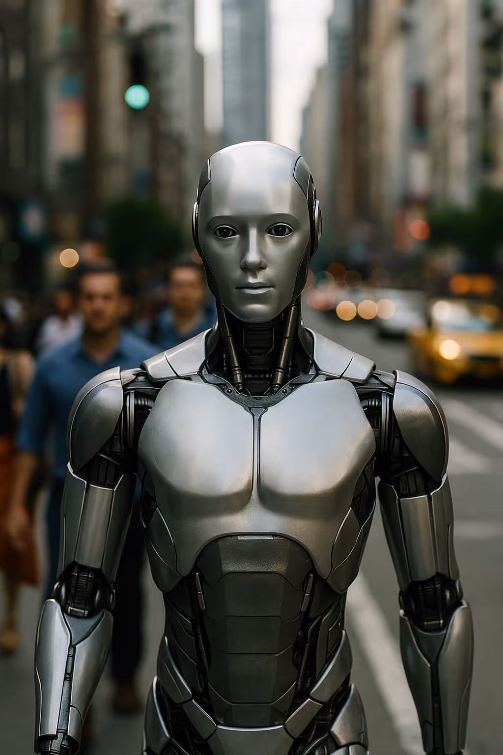 Humanoid robot stands on a busy city street.
