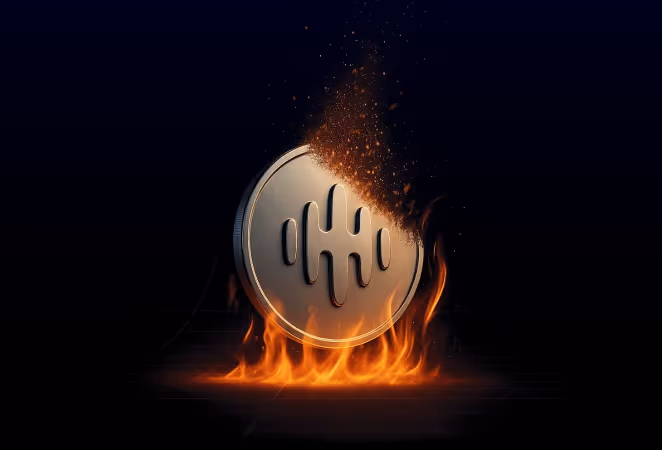 Burning cryptocurrency coin with sound wave symbol on dark background.