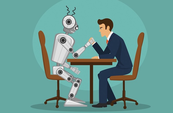 An animated image of a robot and a man in a suit arm wrestling.