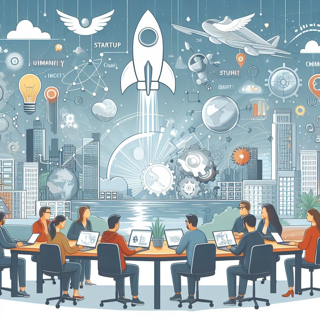 An illustrated image of people at desks and startup-related icons.