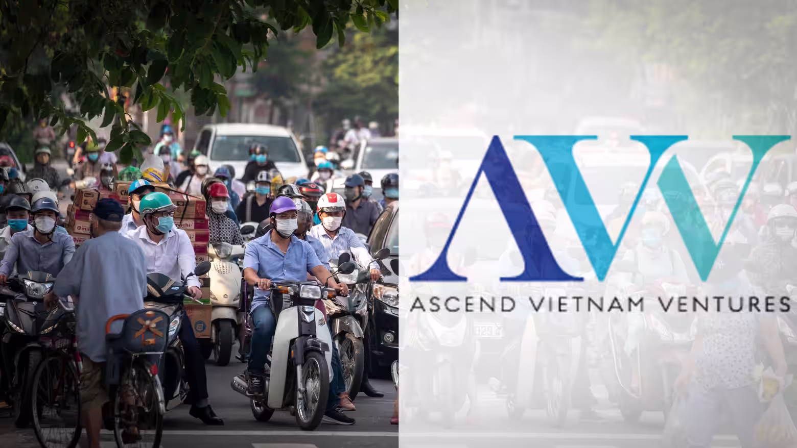 Motorbikes at a red light on the left side and AVV's logo on the right