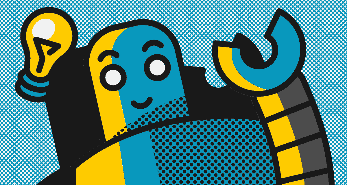 An animated image of a robot with a lightbulb.