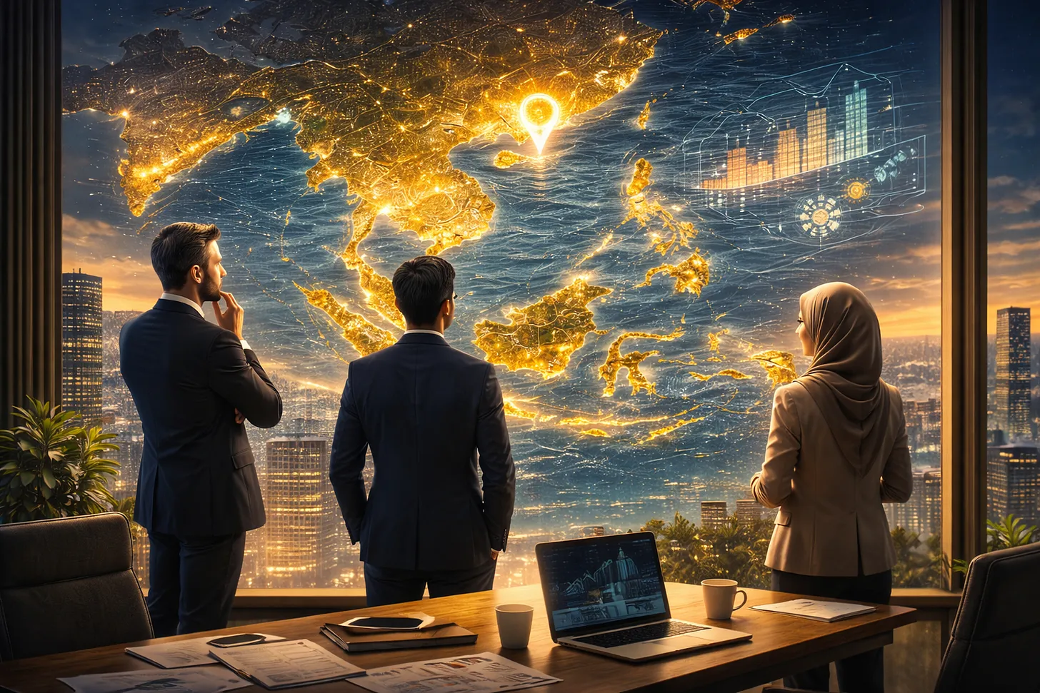 A digital image of investors looking at a map of Southeast Asia.