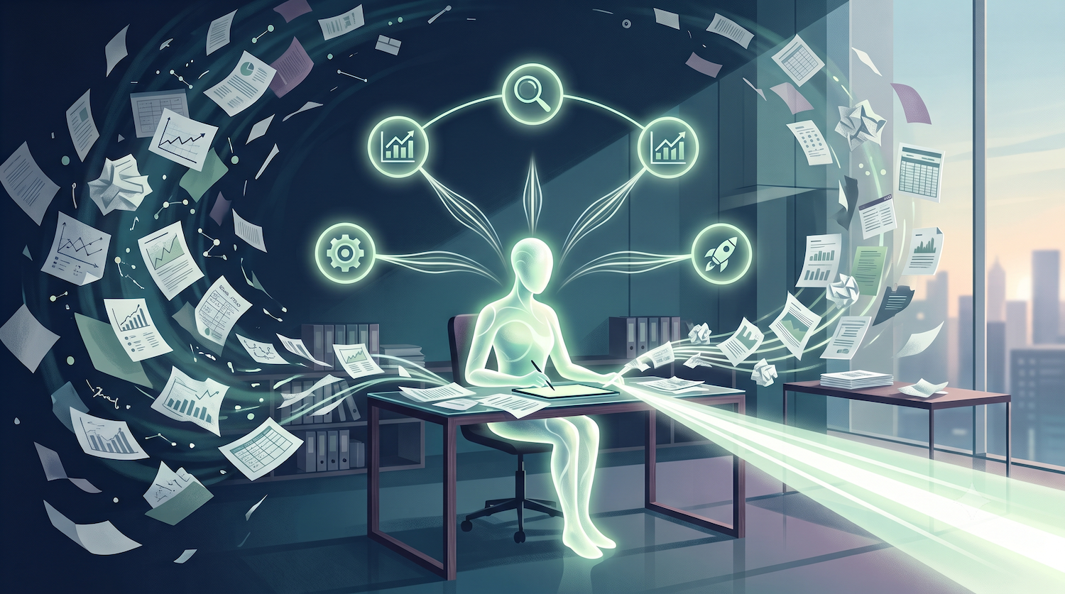 An AI-generated image showing people and agents working together.