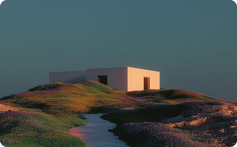Modern rectangular house on a hill with colorful wildflowers and a narrow path leading up to it under a clear sky at sunset.