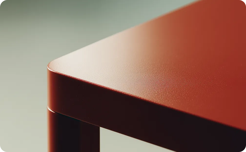 Close-up of a smooth, matte red table corner with rounded edges and one cylindrical leg.
