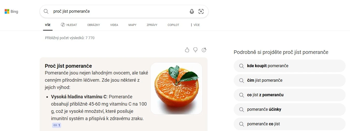 Fotografie obrazovky s ukázkou přehledu od AI v Bing pro vyhledávací dotaz „proč jíst pomeranče“