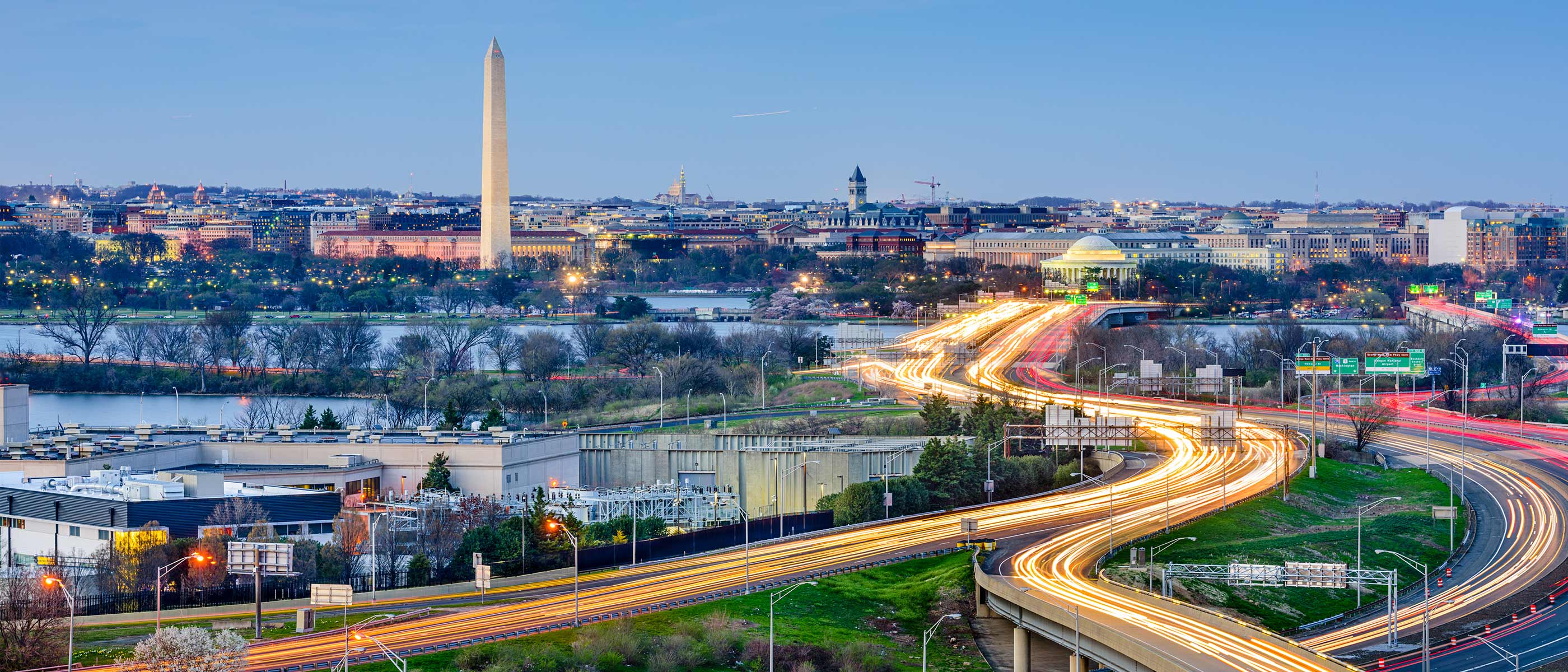 Washington Monument rising over the National Mall at dusk