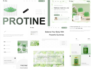 Website homepage for Protine featuring green gummy supplements and wellness product information, highlighting natural ingredients and health benefits.