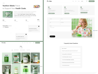 Website layout featuring nutrition products with sections for product details, images of supplement bottles, shopping options, and a woman eating a green smoothie.