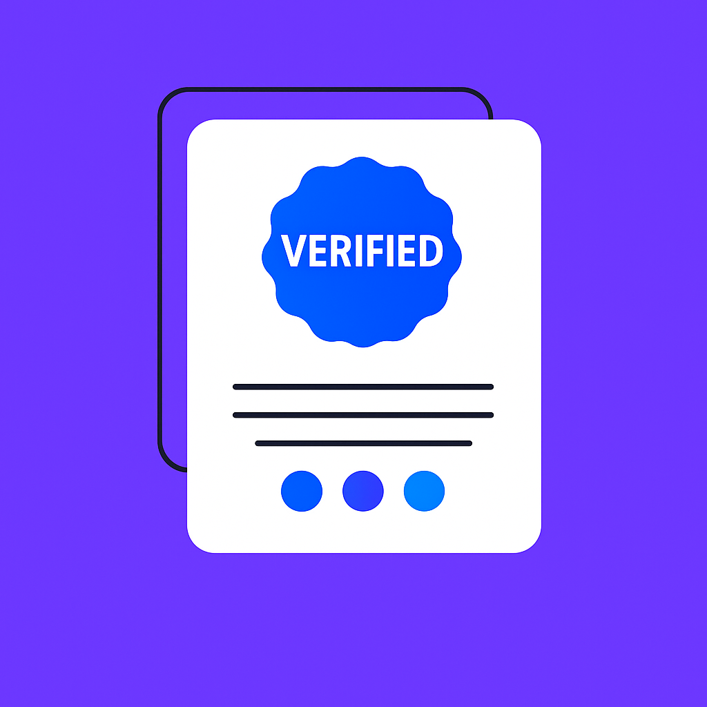 Document icon with a blue verified badge and lines representing text against a purple background.
