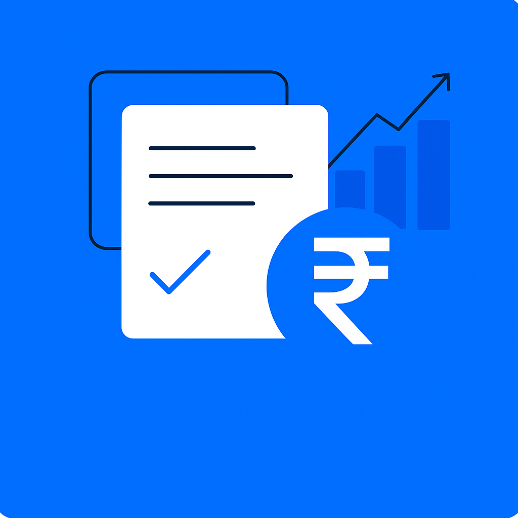 Icon showing a document with a checkmark, a rising bar chart, and the Indian rupee currency symbol on a blue background.