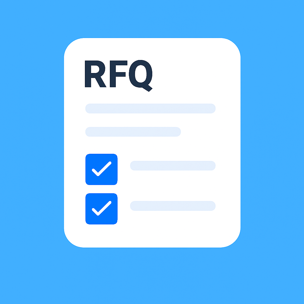 Illustration of a white document labeled RFQ with two blue checkboxes, each with a checkmark, on a blue background.
