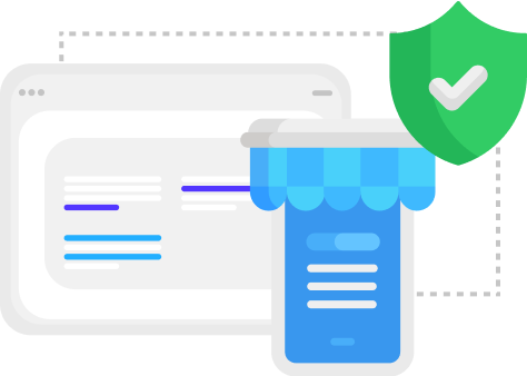 Illustration of a desktop browser window and a smartphone with a storefront awning, accompanied by a shield with a checkmark symbolizing secure online shopping.