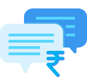 Two overlapping speech bubbles with lines indicating text and a rupee currency symbol on the lower speech bubble.