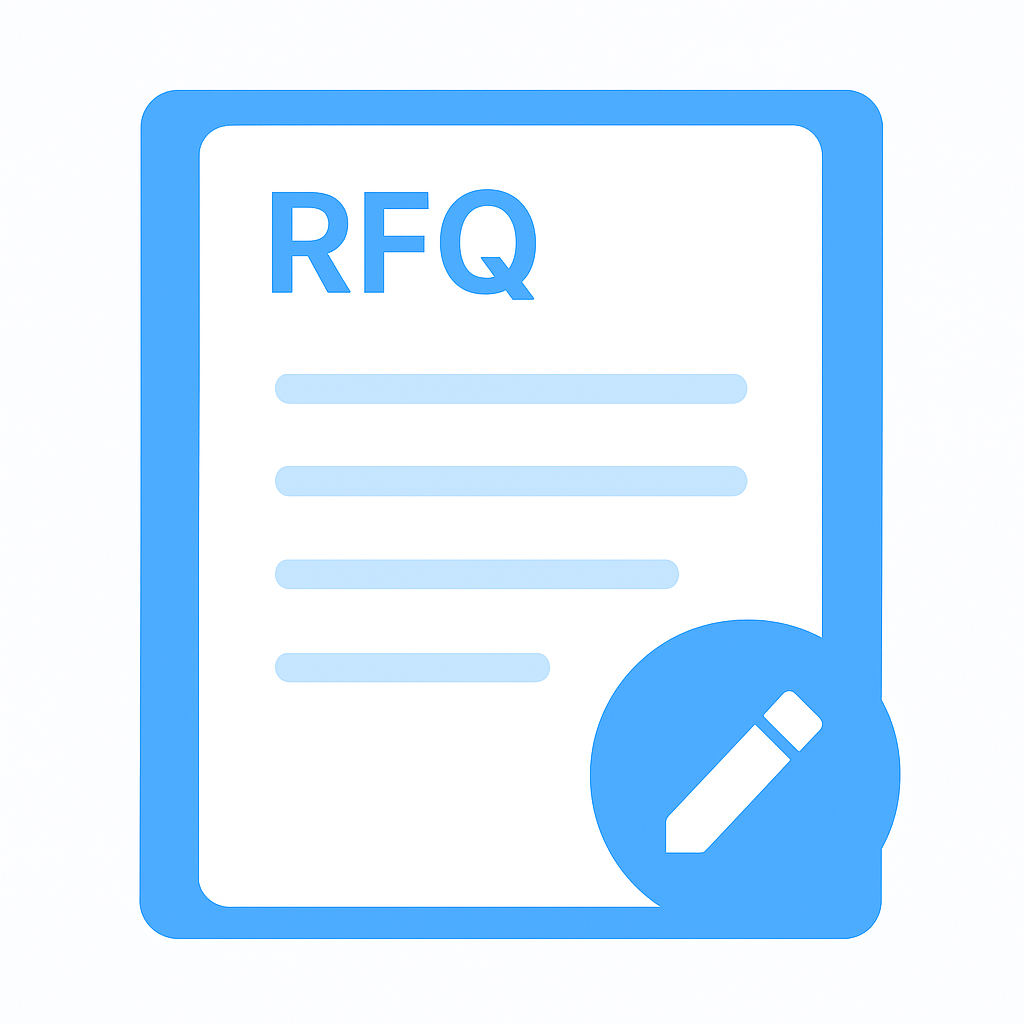 Blue icon of a document labeled RFQ with a pencil symbol indicating editing or writing.