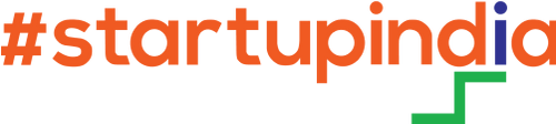 Hashtag startupindia with stylized orange and blue text and a green stair-step graphic under the letter 'a'.