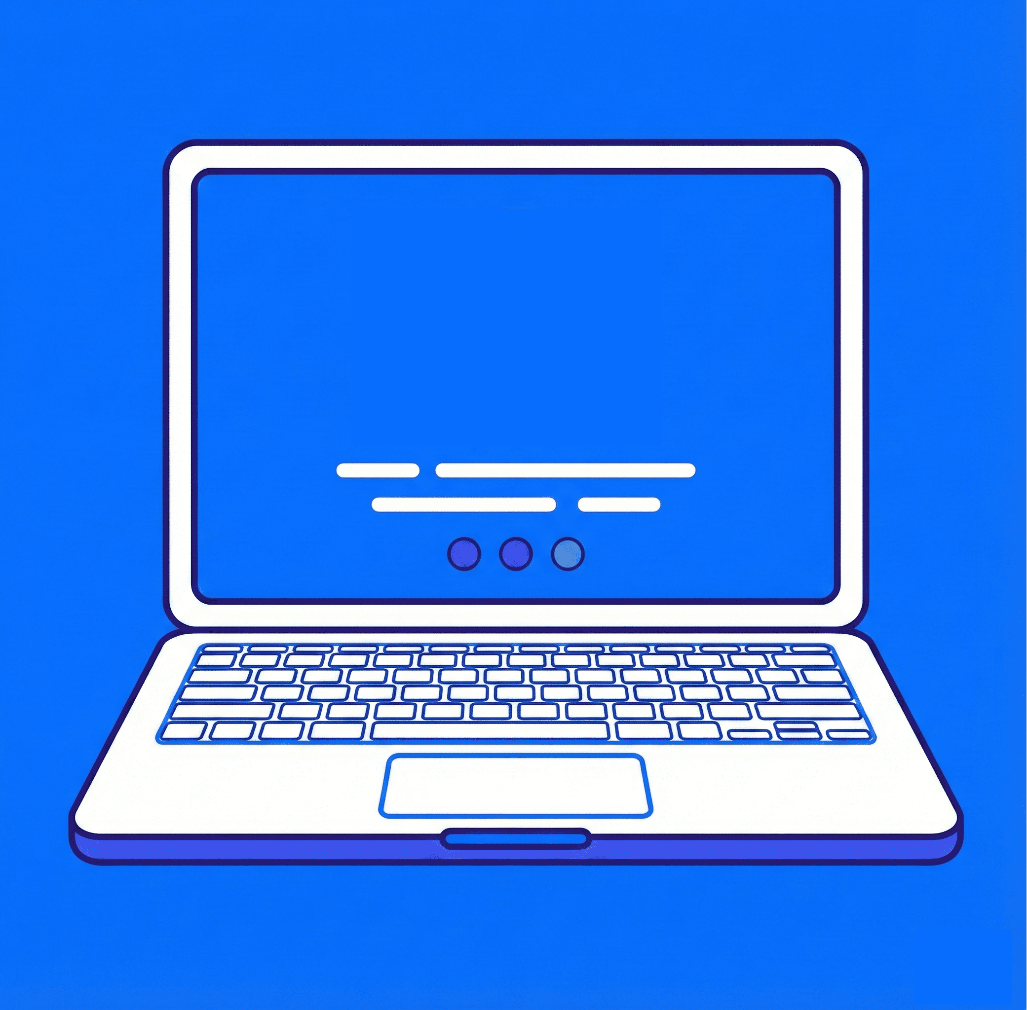 Simplified illustration of an open laptop with blue background and abstract text and icons on the screen.