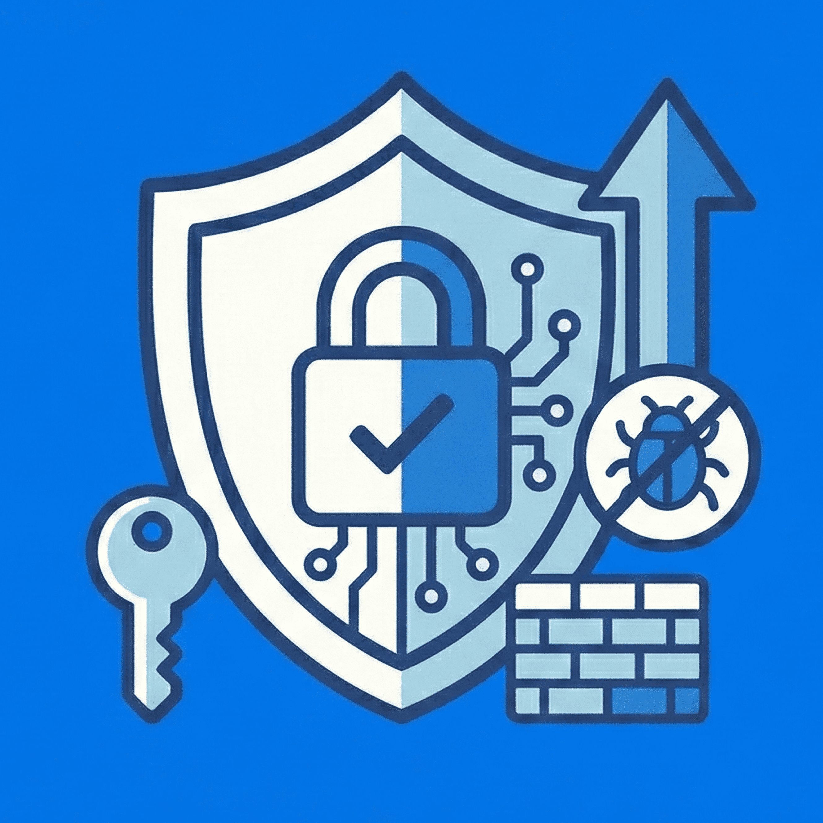 Shield with a locked padlock with a check mark, a key, a brick firewall, a bug crossed out, and an upward arrow representing cybersecurity protection and improvement.