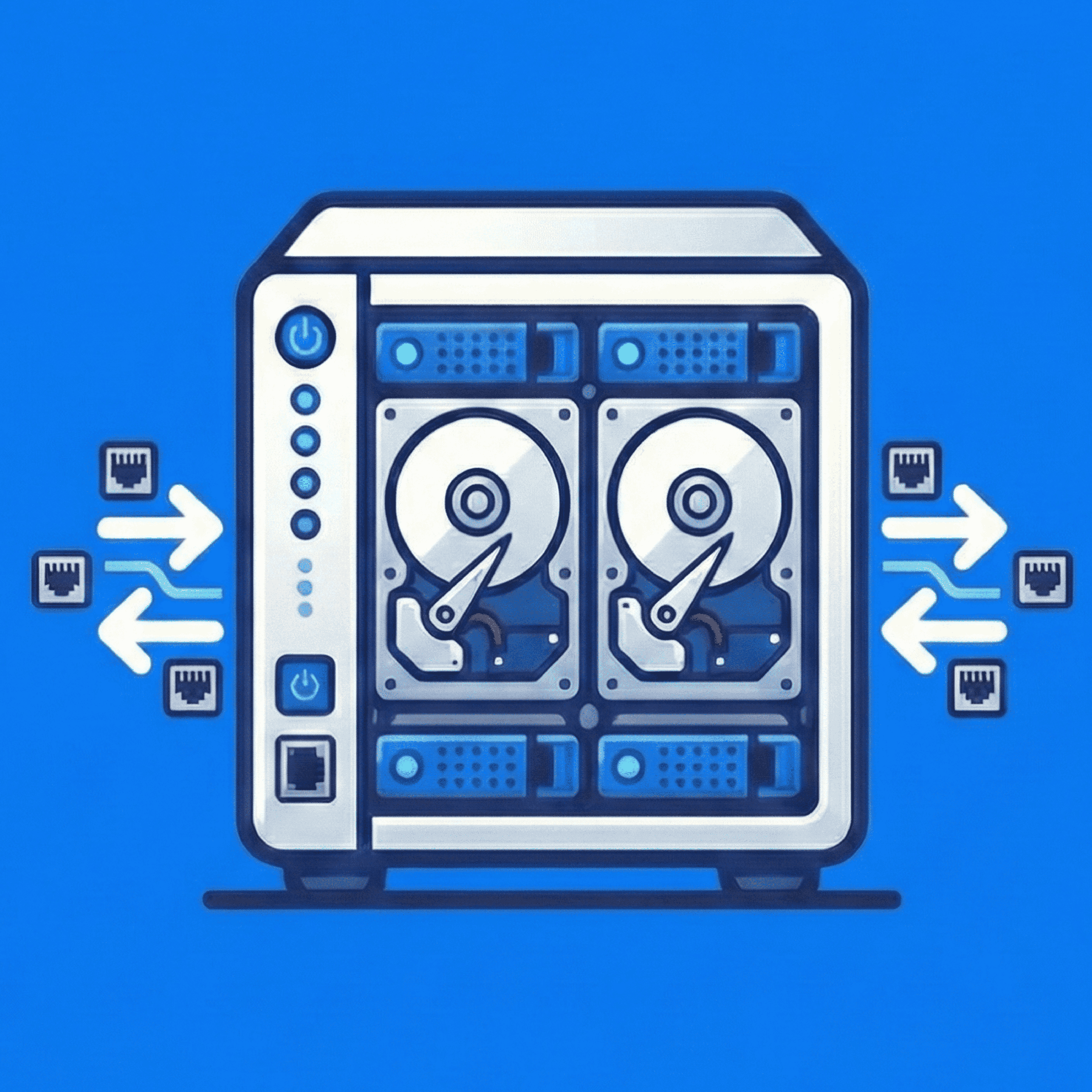 Illustration of a network-attached storage device with two hard drives and network port icons showing data flow in and out.