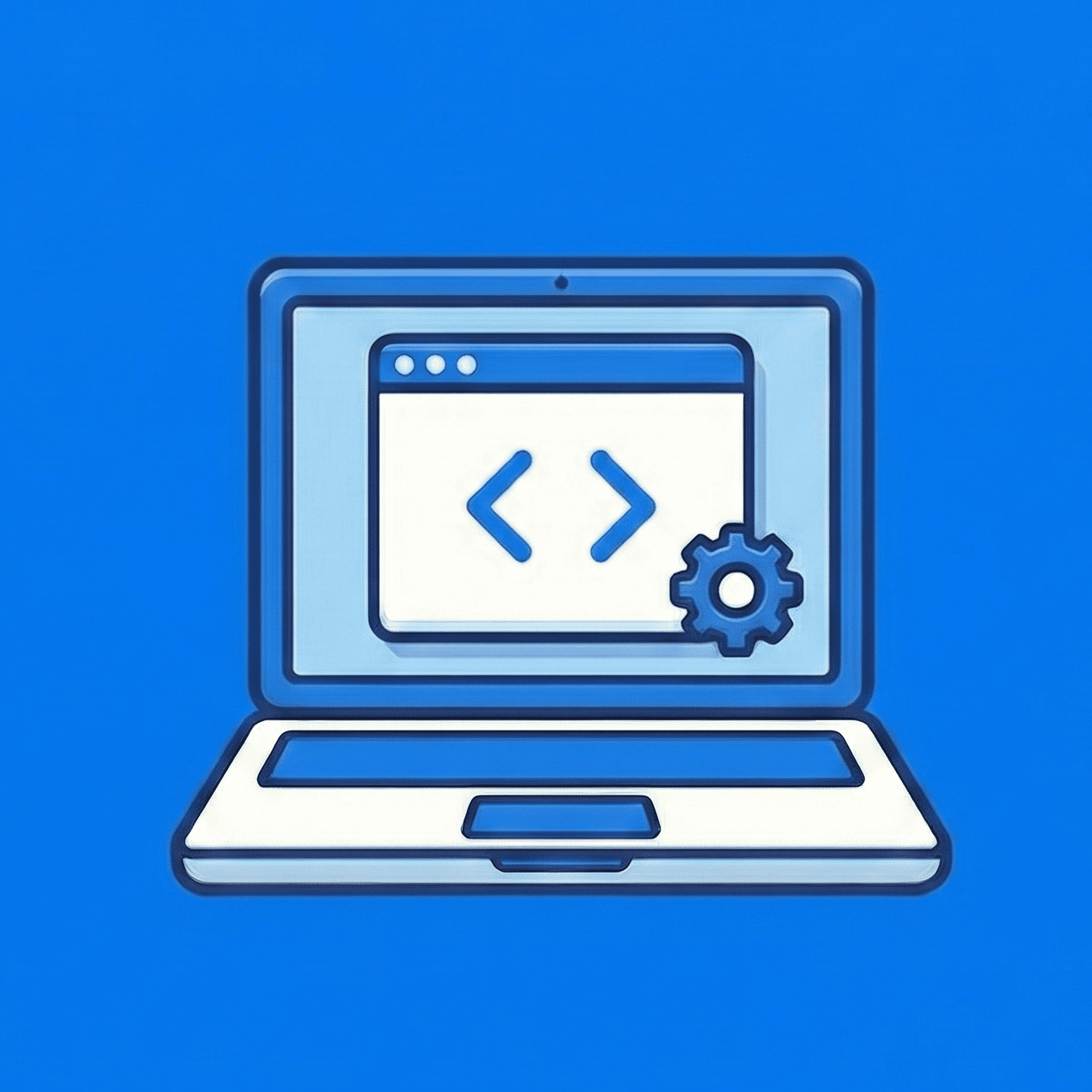 Illustration of a laptop with a web browser window showing code brackets and a gear icon.