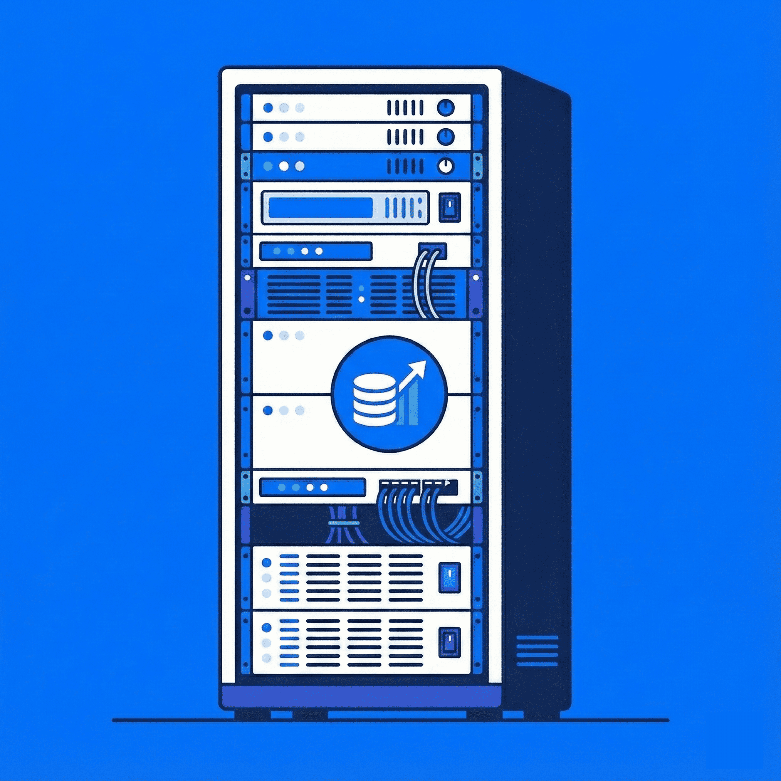 Illustration of a server rack with network cables and a database icon showing growth on the front panel.