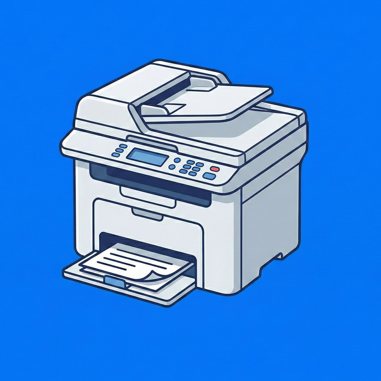 White multifunction printer with paper output tray against blue background.