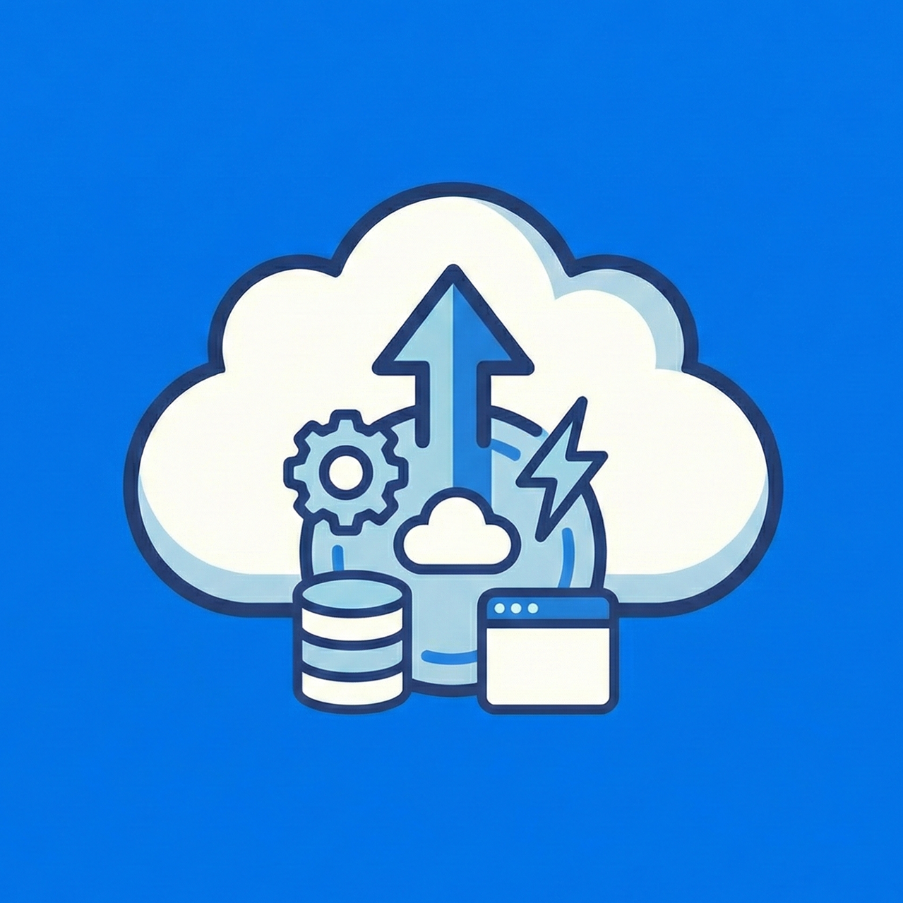 Cloud icon with an upward arrow surrounded by a gear, lightning bolt, database stack, and web browser window on a blue background.