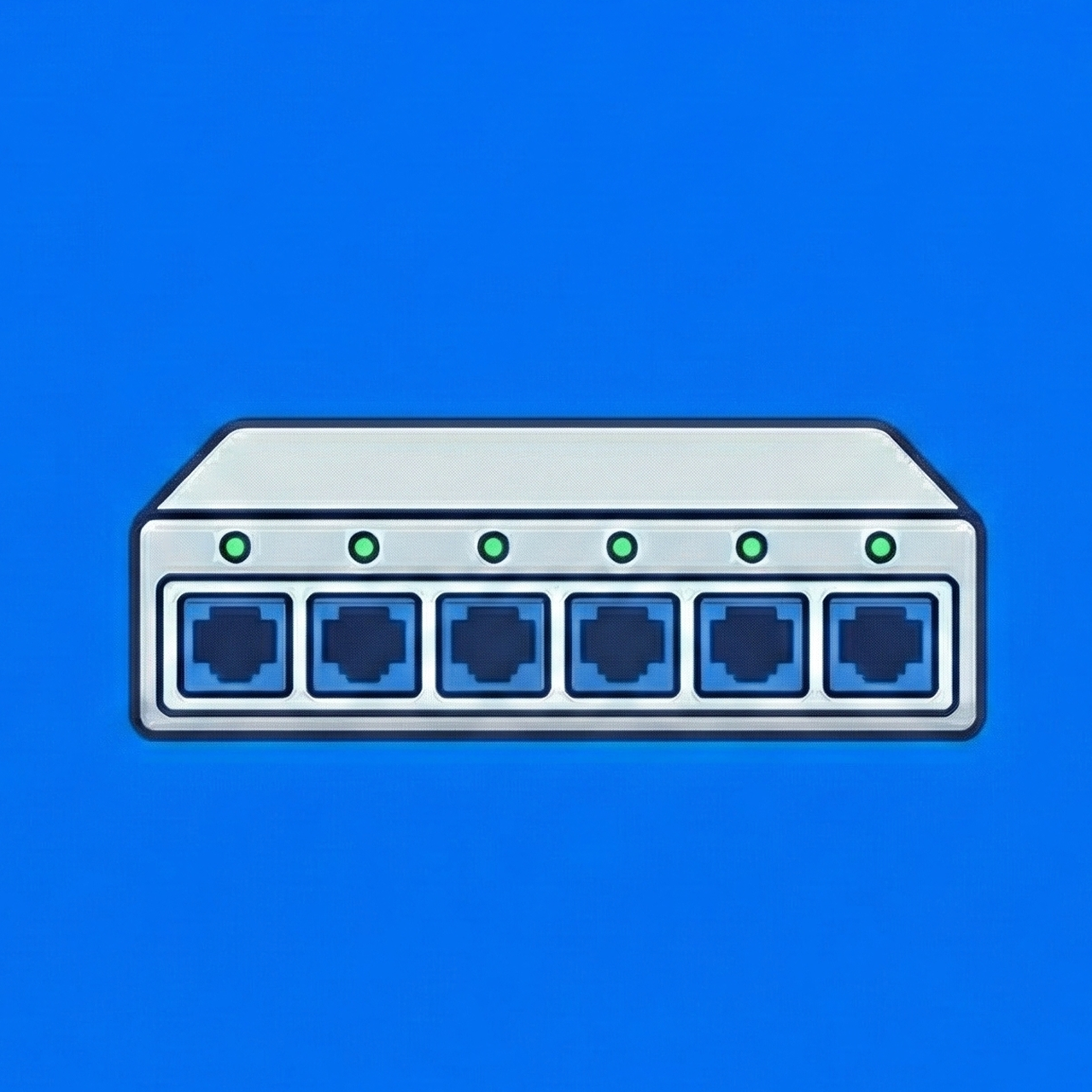 Network switch with six Ethernet ports and green indicator lights on a blue background.