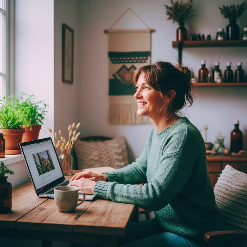 Smiling woman in a green sweater sitting at a wooden table using a laptop near a window with potted plants and a coffee cup.