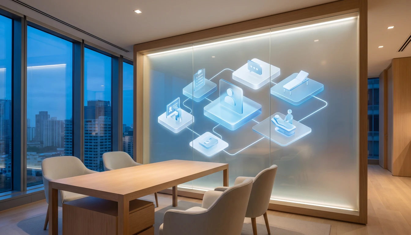 Cross-Selling Aesthetik Behandlungskombinationen Cover, Beratungszimmer mit Displaywand