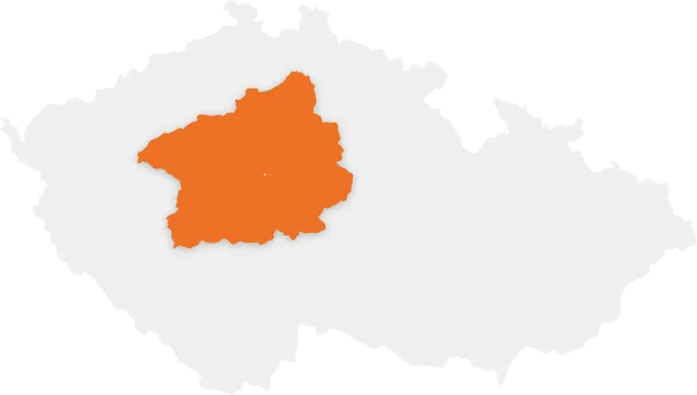 Mapa České republiky s oranžově vyznačeným středním a severozápadním regionem.