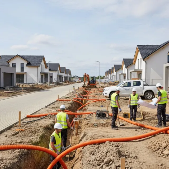 Staveniště v rezidenční čtvrti s pracovníky v reflexních vestách a přilbách instalujícími podzemní kabelové potrubí.