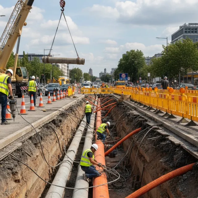 Stavební pracovníci v žlutých vestách pracují v hlubokém výkopu na instalaci velkých potrubí vedle rušné silnice ve městě za jasného dne.