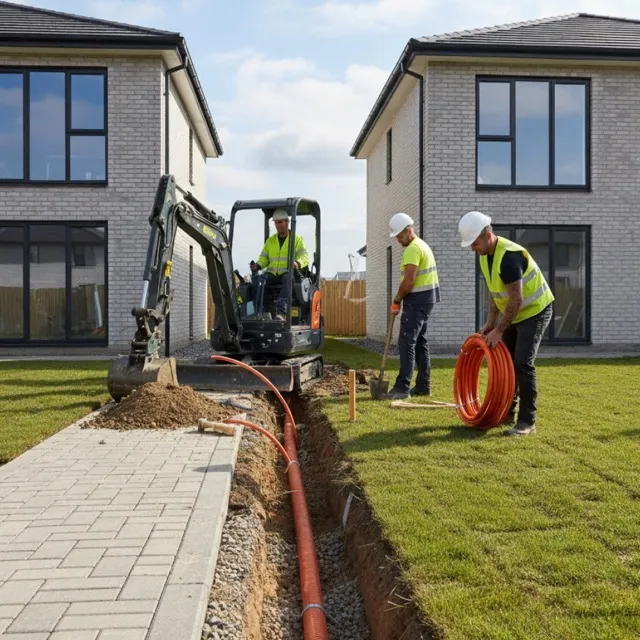 Tři pracovníci v ochranných přilbách a reflexních vestách instalují podzemní potrubí mezi moderními domy za pomoci minibagru.