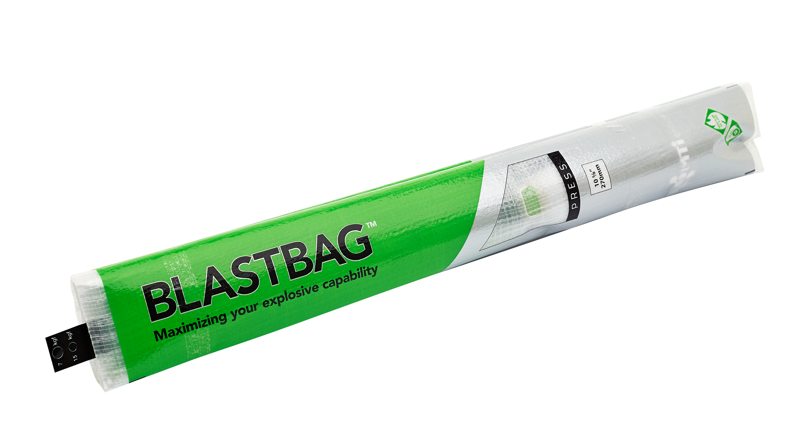 Blastbag with green and white packaging labeled 'BLASTBAG Maximizing your explosive capability', showing press and measurement instructions.